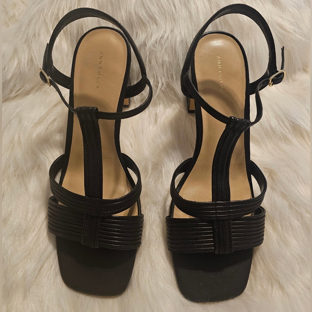 Ann Taylor Black Leather Strappy Block Heels